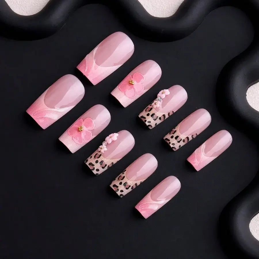 French Leopard Floral Press On Nails