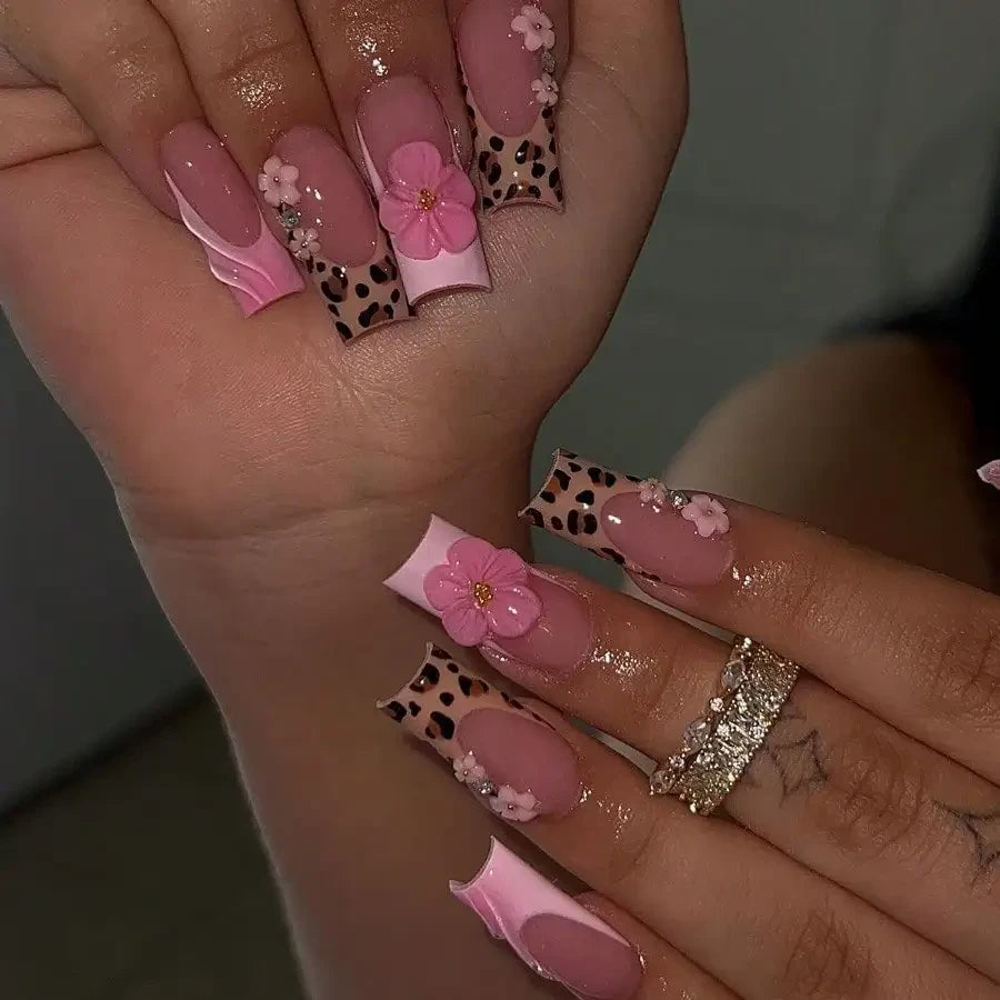 French Leopard Floral Press On Nails