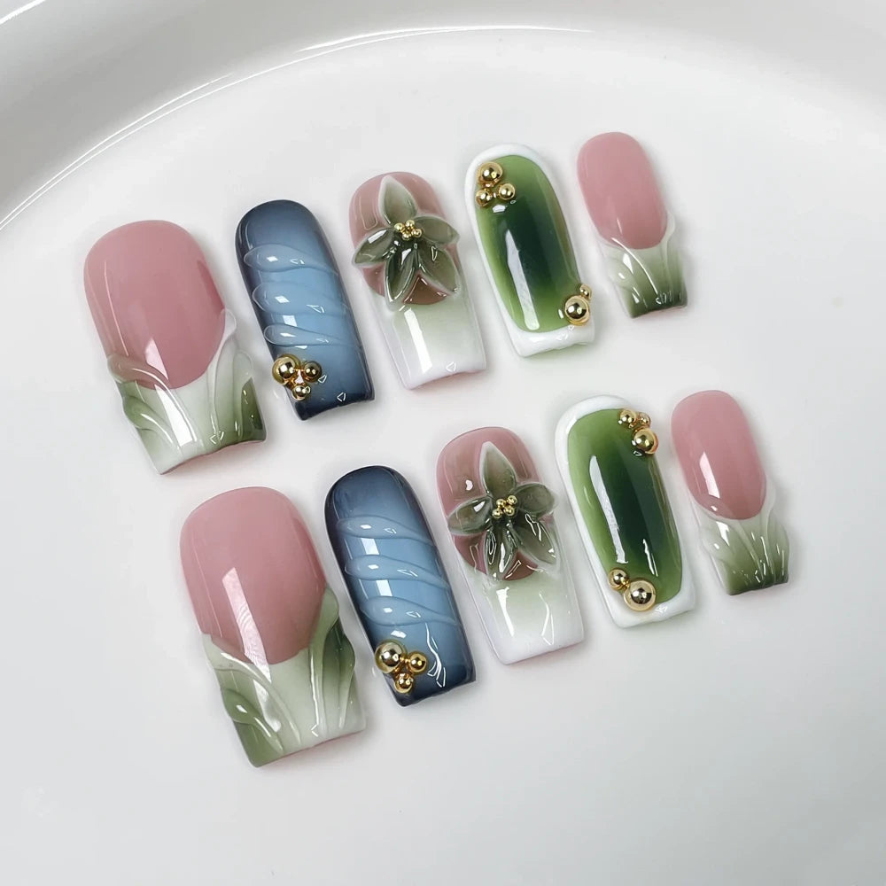 Handmade 3D Floral Press-On Nails