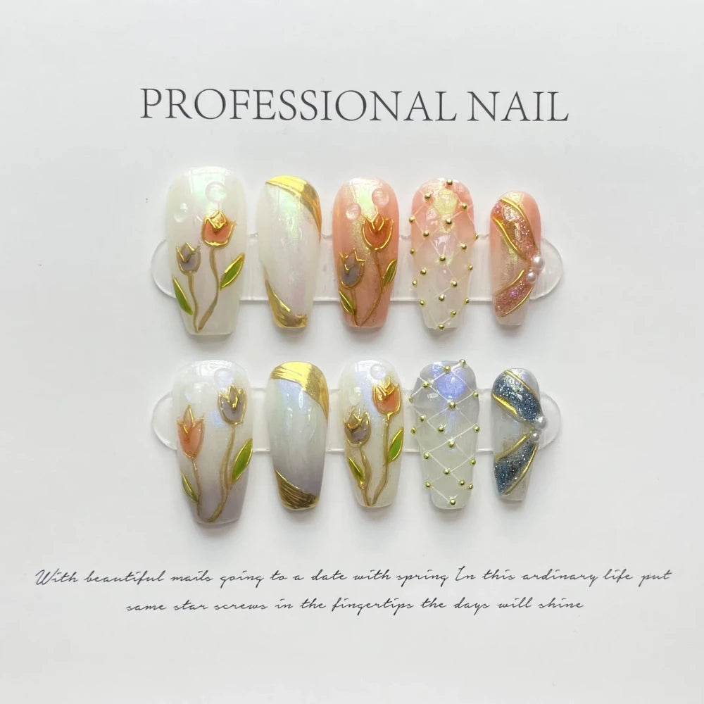 Handmade 3D Floral Press-On Nails