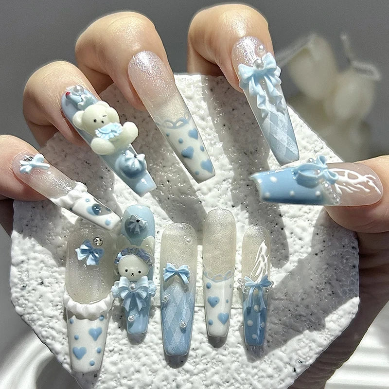 Handmade 3D Bow Teddy Bear Press On Nails