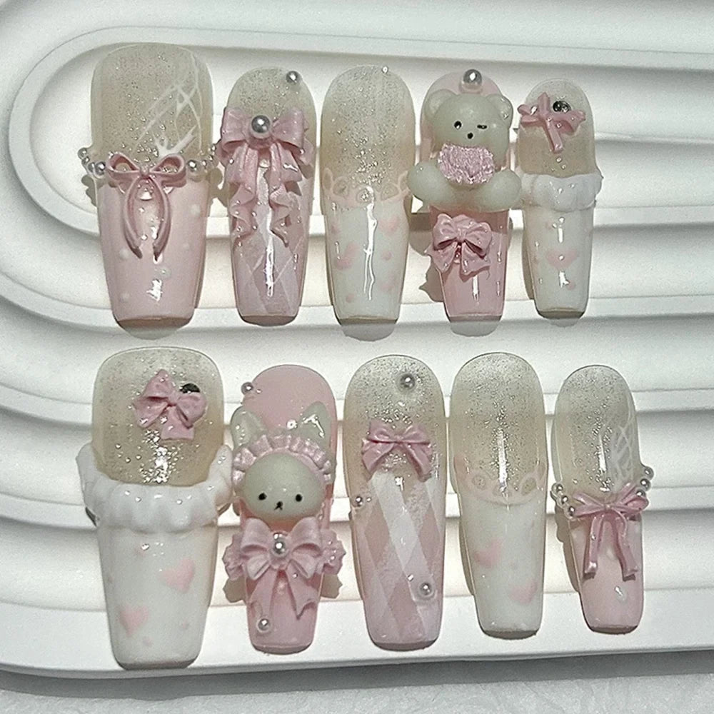 Handmade 3D Bow Teddy Bear Press On Nails