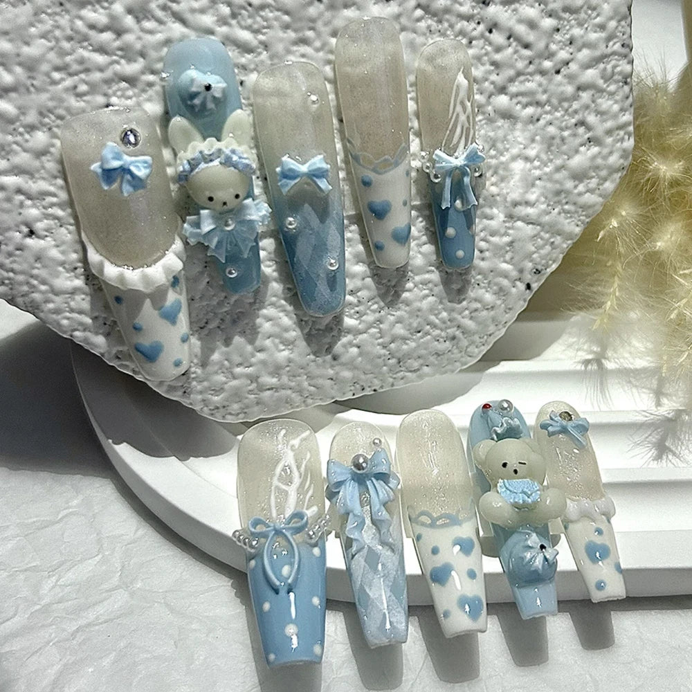 Handmade 3D Bow Teddy Bear Press On Nails