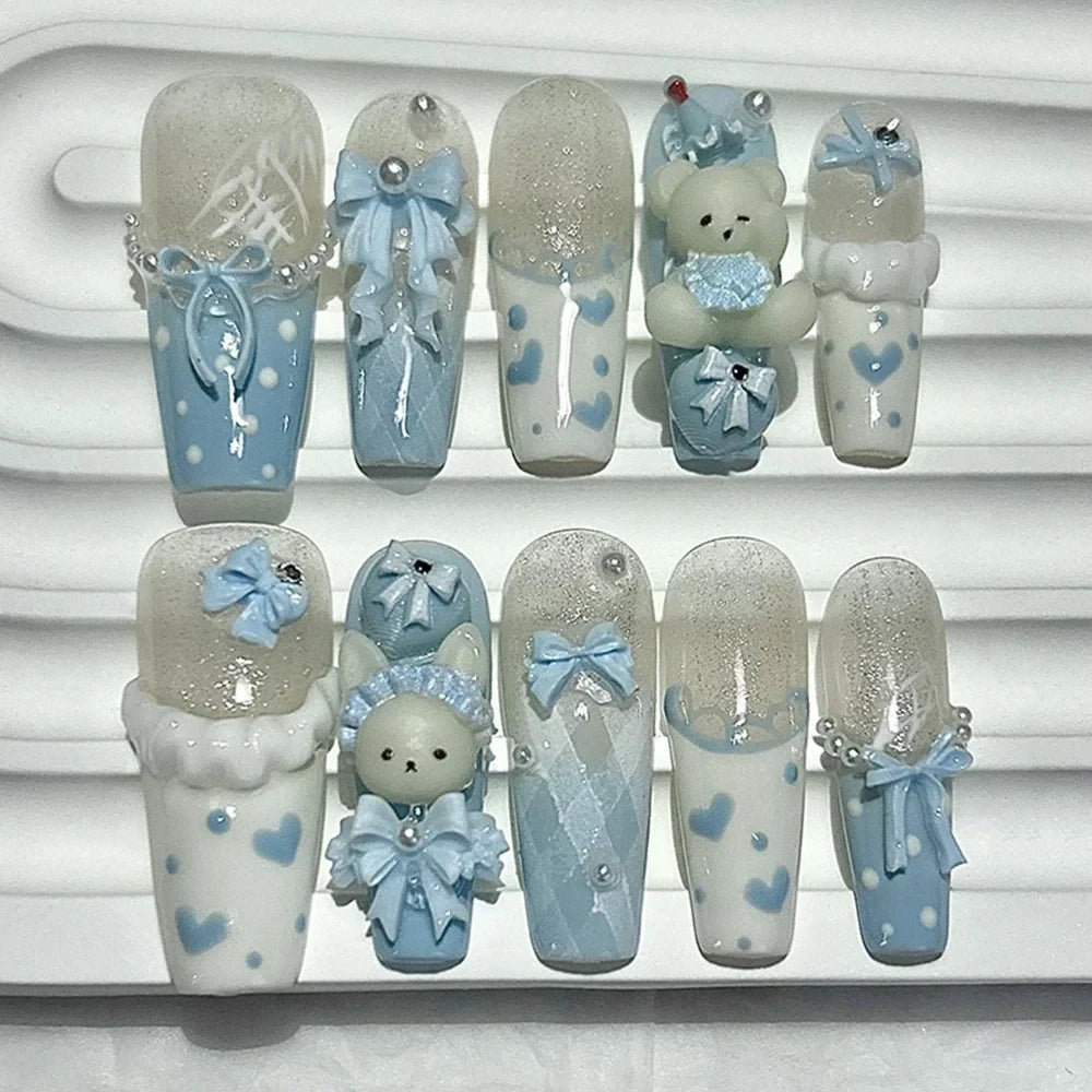 Handmade 3D Bow Teddy Bear Press On Nails